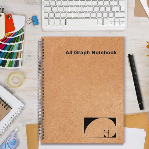A4 Graph Paper Notebook, 2 Pack Large Spiral Grid Notebook, 200 Pages 100gsm Thick 5mm Square Paper Quad Notebook for Engineering, Math, Taking Notes, Drawing - Kraft Brown Cover, 8.5" x 11" in Kuwait
