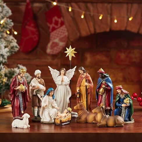 Nativity Sets for Christmas Indoor Set of 13 Pieces 3.9 Inches Tabletop Holidays Home Decor Classic Nativity Scene Resin Figurines Set Religious Decorations Collection Gifts fot All in Kuwait