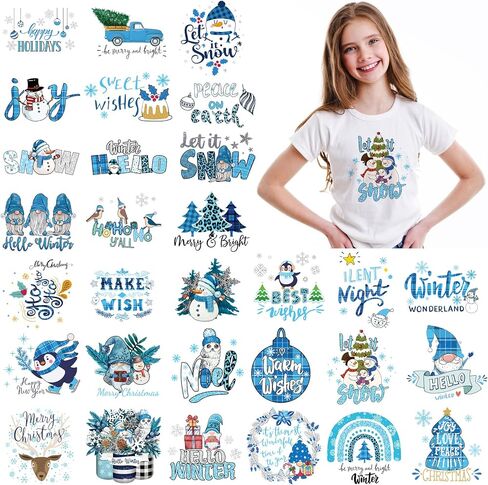 Ferraycle 30 Pcs Winter Iron on Transfers for T Shirts Winter Snow Heat Transfer Blue Ready to Press Decals Stickers Patches Design for Clothing DIY Craft Decoration(Winter Theme) in Kuwait