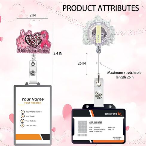 Valentine's Badge Holder Retractable Clip Leopard Heart Badge Reel Retractable Pink Ribbon Cute Valentines Name Tag Acrylic Alligator Clip for Nurse Office Teacher Women & Man in Saudi Arabia