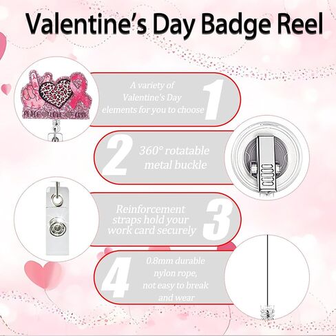 Valentine's Badge Holder Retractable Clip Leopard Heart Badge Reel Retractable Pink Ribbon Cute Valentines Name Tag Acrylic Alligator Clip for Nurse Office Teacher Women & Man in Saudi Arabia