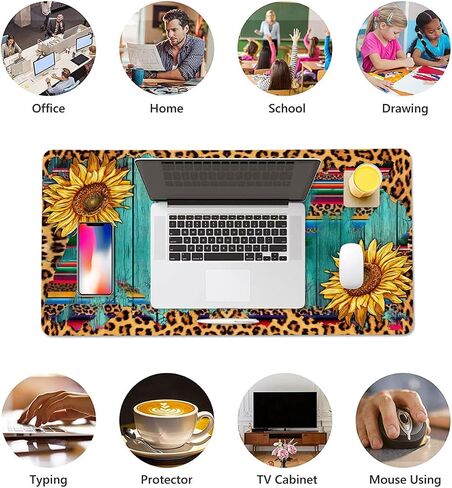 Sunflowers Leopard Large Mouse Pad, PU Leather Desk Pad Protector, Non-Slip Computer Desk Writing Mat, Gaming Keyboard Mouse Pad, Office Desk Accessories in Saudi Arabia