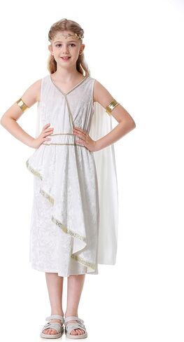 Colorful House Greek Goddess Costume Girls with Cape Deluxe Roman White Toga Cosplay Outfit in Kuwait