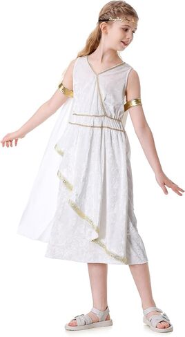 Colorful House Greek Goddess Costume Girls with Cape Deluxe Roman White Toga Cosplay Outfit in Kuwait
