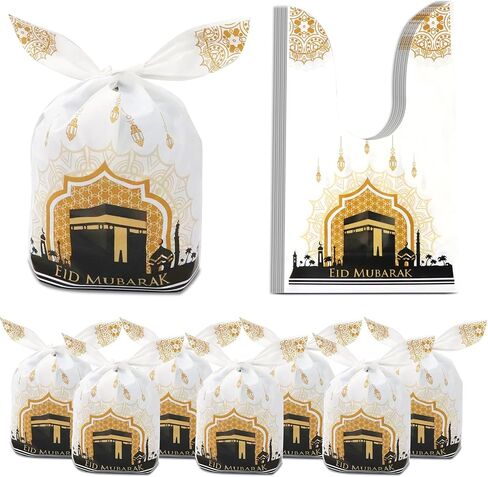 50pcs Eid Mubarak Goodie Bags Ramadan Kareem Gift Plastic Treat Bags Eid Mubarak Candy Bags for Gifts, Eid al-Adha Muslim Castle Moon Star Black Gold Plastic Favor Bags for Eid Party Supplies in Saudi Arabia