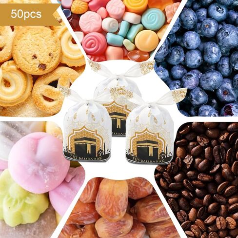 50pcs Eid Mubarak Goodie Bags Ramadan Kareem Gift Plastic Treat Bags Eid Mubarak Candy Bags for Gifts, Eid al-Adha Muslim Castle Moon Star Black Gold Plastic Favor Bags for Eid Party Supplies in Saudi Arabia