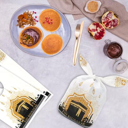 50pcs Eid Mubarak Goodie Bags Ramadan Kareem Gift Plastic Treat Bags Eid Mubarak Candy Bags for Gifts, Eid al-Adha Muslim Castle Moon Star Black Gold Plastic Favor Bags for Eid Party Supplies in Saudi Arabia