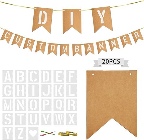 40 PCS Customizable Kraft Banner Set with Letters Stencil, Rustic DIY Party Decorations, Black Blank Banners Kit for Birthday Events in Saudi Arabia