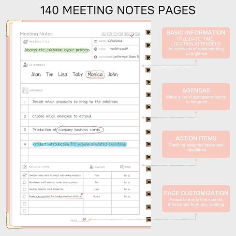 كمبيوتر محمول لقاء Emshoi لمنظمة العمل - دفتر مخطط العمل مع عناصر العمل ، ومشاريع أعمال الأعمال التجارية ، واللوازم المكتبية للرجال والنساء - 140 صفحة ، A5 (6.1 "x8.27") PINK in Kuwait