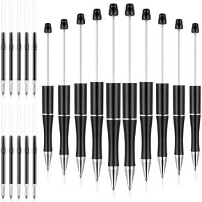 10 Pieces Plastic Beadable Pen Bead Ballpoint Pen Assorted Bead Pen Shaft Black Ink Rollerball Pen with Extra Refills for Kids Students Office School Supplies (Black)