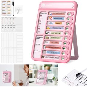 ZZWS Dry Erase Chore Chart for Kids, Checklist Board, My Chores Slider Chart to Do List Board, Routine Reward Chart Schedule Board Task Tracker for Home Refrigerator, Wall, Desk (Pink)