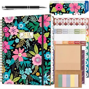 2025 Planner Gift Set - Including 12-Month Daily Weekly Monthly Planner Notebook 8.4" X 6.5" with Inner Pocket, Ball Pen, Bookmark, Stickers, Sticky Notes, Page Markers (Flower Style 1)