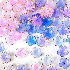 100PCS Cherry Blossom Acrylic Flower Beads for Bracelets,Ymapinc Flower Charms for Jewelry Making, Gold-Plated Mini Spacer 5-Petal Flower Beads Charms, Blue Purple Gradient and Pale Pink Gradient