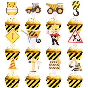 18 PCS Construction Cake Toppers Vehicles Cake Decoration Set Excavator Tower Crane Cupcake Topper Traffic and Road Sign Decor Happy Birthday Party Supplies Favors