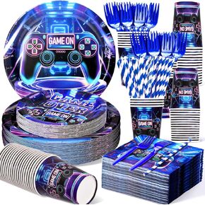 300 Pcs Video Game Plates and Napkins Tableware Sets, Birthday Party Decorations, Include Plates, Cups, Straws, Forks, Napkins, Game on Birthday Decorations for Boys Which Can Serve 50
