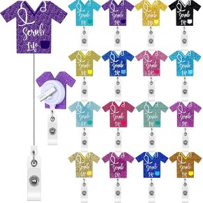 Sherr 16 Pieces Nurse Retractable Badge Reel Holder Christmas Nurse Badge Reel Glitter Retractable Badge Clip Scrub Life ID Name Badge Holder for Christmas Nurse Teacher Student(Multi Colors)