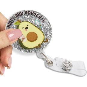 Caffeinate and Advocate Retractable Glitter Badge Reel with Clip, Funny Avocado Badge Holder for Teacher Mental Health Therapist Social Worker Colleague Volunteer Coffee Lover