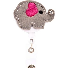 Elephant Retractable Badge Reel, Cute ID Badge Clip on Name Card, Lovely Heart Badge Holder for Nurse Women Teacher(Grey)