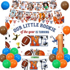Sports Theme First Birthday Decorations Football Basketball Baseball First Birthday Decors with Our Little Rookie is Turning One Backdrop High Chair Banner Photo Banner Cake Topper for Boys