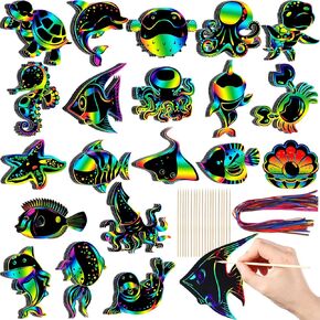 Motionchic 80 Pieces Sea Animal Scratch Cards Rainbow Ocean Fish Paper Crafts for Kids with Wooden Stick and Ribbon for Summer Birthday Party Under The Sea Party Supplies