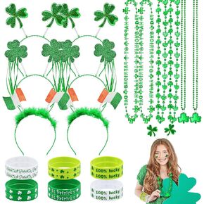 24 Pcs St. Patrick's Day Party Favor Set with 6 Pcs Shamrock Headbands, 12 Pcs Lucky Silicone Bracelets, and 6 Pcs Clover Necklaces Accessories for St. Paddy's Irish Decorations and Celebrations
