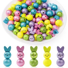 Haooryx 121pcs Easter Glittery Bunny Peeps Wood Beads Colorful Bunny Bead with Rope Natural Wood Beads Bulk Rustic Farmhouse DIY Crafts for Happy Easter Day Spring Party Favor Hanging Supplies