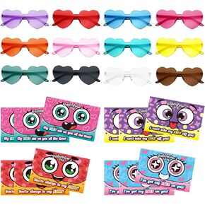 PARSUP 12 Pcs Valentine's Day Greeting Cards with Heart Shape Glasses - Plastic Eyeglass Case Filler Toys Party Favor Supplies Gfit Bag Stuffer for Kids Valentines Day Classroom Exchange Gifts