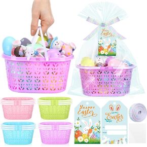 12 Sets Pastel Plastic Easter Baskets Bulk Small Colorful Easter Baskets with Handles Happy Spring Gift Decorations with Gift Tags Clear Bags Ribbons for Spring Hunt Picnic Party Favors