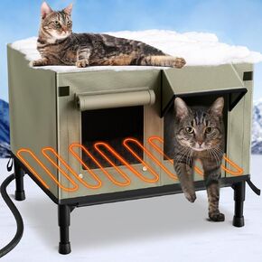 Indestructible Heated Cat Houses for Outdoor, Extremely Weatherproof in Winterfor for Outdoor/Indoor Cats, Escape Door, Elevated Feral Cat Shelter with Heating Pad Green Large