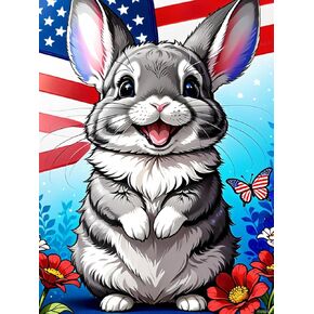 DIY Diamond Painting Kits for Adults, Independence Day Flag Round Full Drill, 5D Diamonds Animals Gem Art Drill, Chinchilla Rabbit Home Decoration Kits and Room Wall Decor 12x16 inch