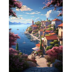 Ginfonr DIY 5D Diamond Art Kits for Adults, Coastal City Diamond Painting for Adults, Diamond Art Landscape Full Drill, Diamond Art Kits Embroidery Rhinestone Craft for Home Wall Decor 12 * 16 Inch