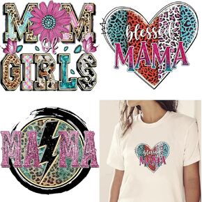 Mother's Day Iron on Transfers Stickers Flower Iron on Decals Heart Leopard Mom Theme Vinyl Heat Transfer Mothers' Day Iron On Decal Patches for T-Shirts Jean Appliques 3PCS