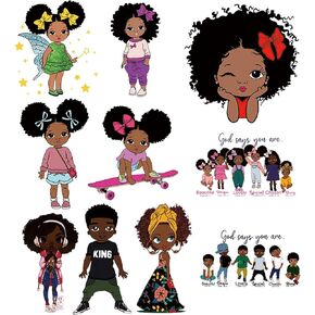 10PCS Black Girl Iron on Transfers, Cartoon Iron on Decals Patches for Clothes, Washable Thermal Transfer Vinyl Stickers, Iron on Appliques for T-Shirt Hoodies Jeans Jackets Bags DIY Art Decoration