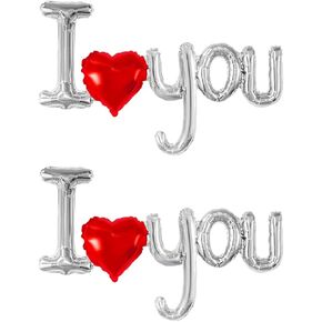 Dzrige 38 Inch I Love You Balloons Red Love Heart Shaped Silver Letter Balloon Banner I Love U Foil Balloons for Valentines Day Mothers Day Wedding Anniversary Decoration Supplies, 2 Pieces