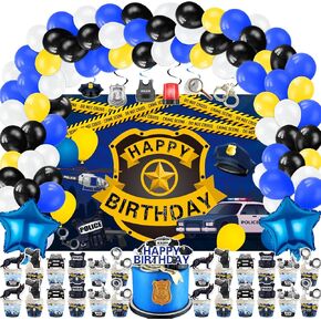 Police Birthday Party Supplies, 159 Pcs Police Cars Party Decorations for Girl Boy Baby - Backdrop, Cake, and Cupcake Toppers, Balloons, Cupcakes Wrappers, Hanging Swirls