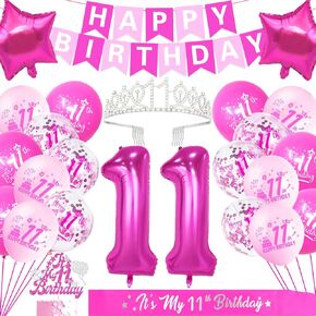 11th Birthday Decorations for Girls, Hot Pink Glitter 11th Birthday Cake Topper and Sash, Happy Birthday Banner, Silver 11th Birthday Crown, NO.11 Birthday Foil Balloons, 11th Latex Balloons