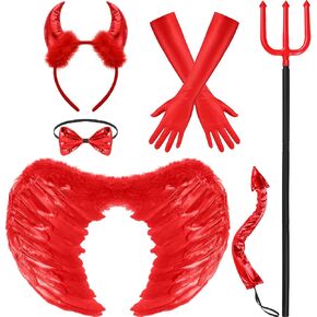 Hillban 6 PCS Halloween Devil Costume Set requin requin red horns jousd devil tail bowtie devil wings long long devil fork come devil costum