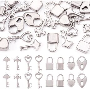 Pandahall 24pcs 304 Stainless Steel Lock Key Charms Mini Metal Heart Key Padlock Dangle Charms for DIY Necklace Bracelet Keychain Making
