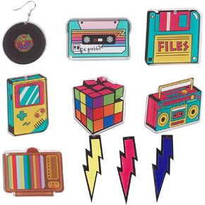 1 Box 20Pcs 10 Styles Retro 80s Charms Vinyl Record Earrings Large Transparent Acrylic Halloween Glow Disc Party Cassette Tape Charms for Jewelry Making Bracelet Necklace Keychain Accessories