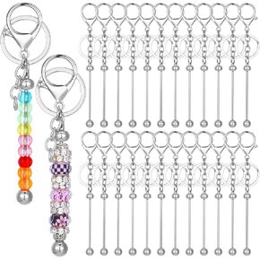 24 Pcs Beadable Keychain Bars Metal Bead Keychain Making Kit Bulk DIY Silver Blank Beadable Keychains for Pendant Women Men DIY Crafts Jewelry Making Gift