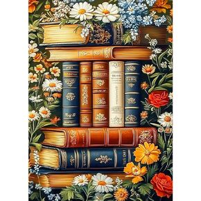AIRDEA Books Diamond Art Painting Kits for Adults Beginners 5D DIY Gem Art Kits for Home Wall Decor 12x16in,Books and Flowers,Round Full Drill