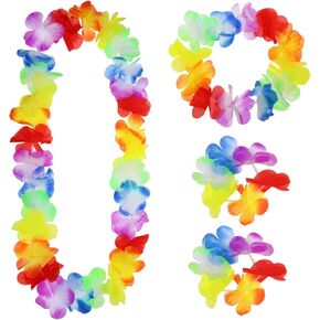 Hawaiian Leis 4Pcs Colorful Tropical Dance Flower Necklace Bracelets Headband for Luau Party Summer Beach Decoration