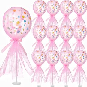 12 Set Pink Tutu Tulle Balloons Table Centerpieces 12 Inch Polka Dot Balloons Pink Baby Shower Centerpiece Column Base Kit for Girls Birthday Party Wedding Table Decoration(Pink)