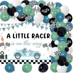 Racing Car Themed Baby Shower Party Decorations, A Little Racer is on the Way Backdrop and Black Green Balloon Garland Kit for Boys Girls Retro Race Car Baby Shower Party Supplies