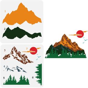 FINGERINSPIRE 2 Pcs Layered Forest Mountain Landscape Painting Stencil 11.8x11.8 inch Mountain Scenery Stencil Plastic Flying Birds Sun Pattern Stencil Reusable Stencil for Scrapbook and Art Projects