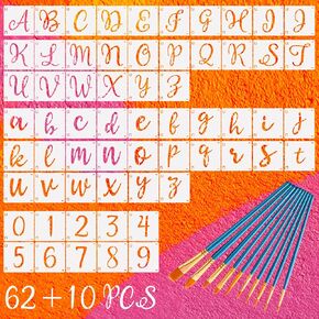 62 pcs Letter Stencils, DaKuan Letter Number Stencils 3 inch with 10 Brushes, Stencils for Painting on Wood, Sketch, Art, Marking