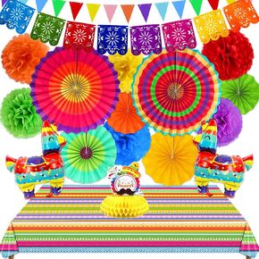 [ 7 Varieties ] 33Pcs Cinco De Mayo Fiesta Party Decorations, Mexican Themed Party Supplies, Paper Fans Pom Poms Table Cover Llama Balloons Pennant Papel Picado Banner Honeycomb Table Decor
