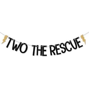 Two The Rescue Banner, Happy 2nd Birthday Decorations, Hero Baby Shower Second Birthday Party Decoration, Cheers to Two Years Party Supplies Black Gold
