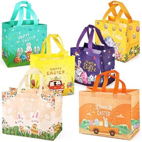 6PCS Happy Easter Egg Hunt Bags, Assorted Sizes Easter Bunny Carrot Chick Egg Gift Bags with Handles, Easter Treat Bags, Multifunctional Non-Woven Easter Bags for Gifts Wrapping, Egg Hunt Game, Easter