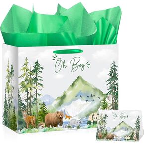 Oh Boy Gift Bags Let The Adventure Begin Awaits Gift Bag with Greeting Card and Tissue Paper Adventure Awaits Decorations Watercolor Greenery Forest Wrapping Paper Bag for Baby Shower Christmas Party